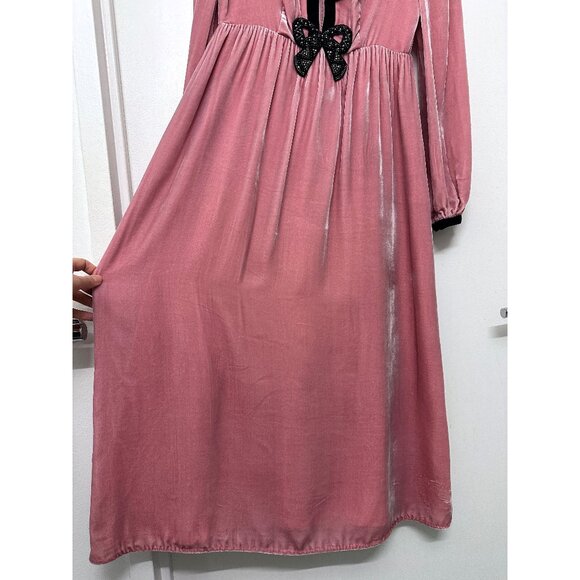 Saloni Camille Crystal Bow Liquid Velvet Midi Dress Rose Pink Black Beaded US 2 - Picture 7 of 16